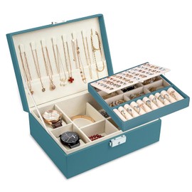 Moseem Jewellery Box Organiser for Women Girls,2-Layer Large Jewellery Organiser Box with 2 Watch Pillows,Removable Tray,PU Leather Jewellery Boxes for Earrings Rings Necklaces Watches Bracelets,Green