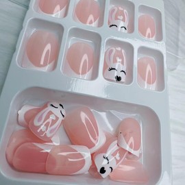 24pcs Easter Press on Nails Short Easter Fake Nails With Square French Cute Loving Long-Eared Rabbit Designs Glue on Nails Cute Bunny False Nails Easter Manicure Accessories Decoration