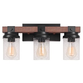 3-Light Farmhouse Vanity Light, Rustic Bathroom Light Fixtures Over Mirror with Pretty Glass Shade, Industrial Handmade Wood Wall Sconces for Bathroom Living Room Hallway