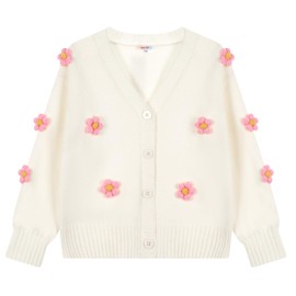 Girls' Cardigan with 3D Flowers Embroidery, Cropped Knit Sweater Shrug for Kids, Long Sleeve Uniform Cardigans Cream White 5-6 Years