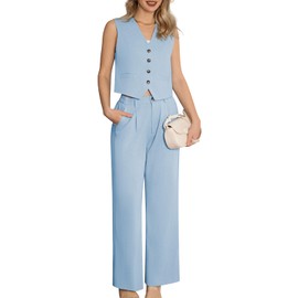 Kelyaa Women's 2 Piece Suiting Set Sleeveless Vest and Wide Leg Pants Suit Casual Business Office Outfit Light Blue