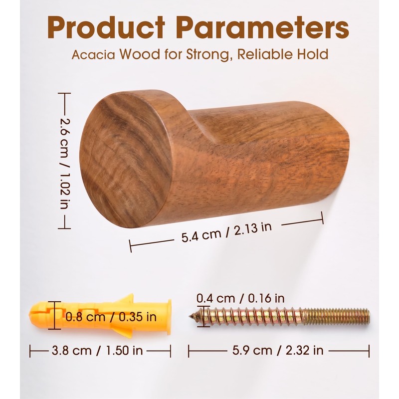 CHAUNCEY HOME Acacia Wood Wall Hooks, 4 Pack Heavy Duty