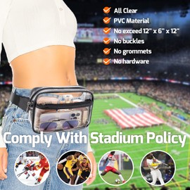Veckle Clear Belt Bag - Clear Fanny Pack Stadium Approved for Women Large Transparent Waist Bag for Sports Events, Concerts, Festivals, Black