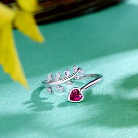 Sterling Silver July Birthstone Rings - Red Ruby Ring Small Adjustable Open Wrap Leaf Rings Heart Shaped Nature Inspired Band for Teen Girls Women