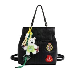 Convertible Travel Backpack, Leather with Patches and Plush Charm, Available in Black, Brown, Off White (Black)