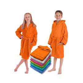 LEBENGOOD Children's Bathrobe for Boys, Girls & Teenagers, 100% Cotton, Terry Towelling, Children, 400 g, with Hood, Light Terry Towelling, Fluffy, Baby Towel, orange