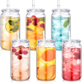 Blushtier 6 Pack Acrylic Mason Jars with Lids and Straws 16 oz Mason Drinking Jars Plastic Tumbler with Straw Iced Coffee Cups Water Bottles Travel Mugs for Water Milk Beer Juice Beverage(Clear)