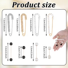 8Pcs Women Brooch Pins, Sweater Shawl Clips Brooches and Pins for Women Artificial Crystal Pearl Brooches Pant Waist Tightener Safety Clips for Dress Shirt Jeans Clothing Decoration Accessories