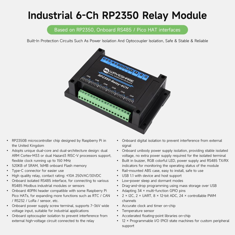 Waveshare Industrial 6-Channel RP2350 Relay Module, Onboard RS485 / Pico