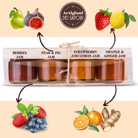 4 Pack, Mini Marmalade Jam Set "Marmellate e Confetture", 1.3 oz each, Mixed Berries Jam, Strawberry And Lemon Jam, Orange And Ginger Marmelade, Fig And Pears Jam, Handpacked in Calabria Italy, Artigiani di Sapori