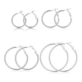 Sroyte 4 Pairs Silver Hoop Earrings for Women, 14K Gold Plated Hoop Earring for Women,Lightweight Hypoallergenic Dainty Hoop Earrings Set (4 Pairs Silver 25mm30mm40mm50mm)