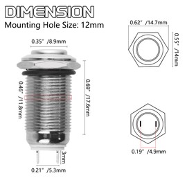 WMYCONGCONG 2 PCS 12mm Latching Push Button Switch Waterproof Button Switch On Off 3A 250V AC Stainless Steel Switches 1/2" Hole