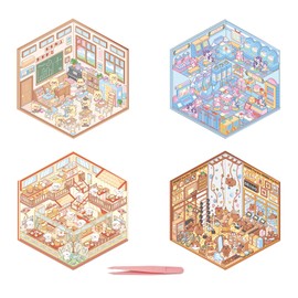 4 PCS 3D Stickers, 3D Sticker Scene, Cute DIY 3D Sticker Set for Kids and Adults, Make Your Own Bear Classroom|Pony Arcade|Puppy Bun Shop|Capibara Gym, for Dolls House Sticker Book