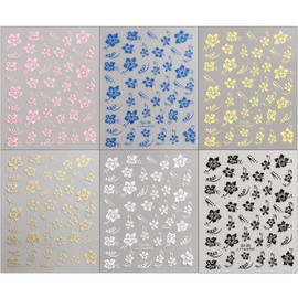 FSpronail Hibiscus Flower Nail Stickers, 6PCS Hibiscus Flowers Nail Decals 3D Self-Adhesive White Pink Colorful Hawaiian Floral Sticker for Nails Cherry Blossom Nail Design Summer Decoration Manicure