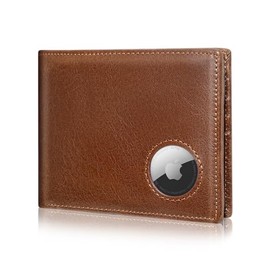 Serovi AirTag - portafolios para hombre de piel genuino con soporte AirTag con bloqueo RFID con 2 ventanas de identificación y 12 soportes para tarjetas (Airtag no incluido), Marrón café, Slim (4.3" x