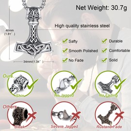 Hisatan Thor Hammer Nordic Viking Necklace Pendant for Men Women, Mjolnir Thors Hammer Celtic Necklace Stainless Steel Vintage Chain Jewelry Gift for Dad Son Husband Boyfriend Brother Grandson