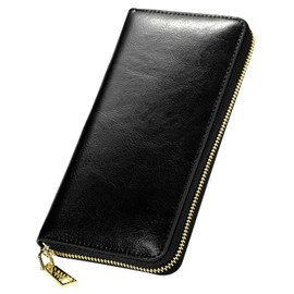 ROSSETIANO Men's Long Wallet, Genuine Leather, Round Zipper, Large Capacity, Leather, Cowhide Leather, black