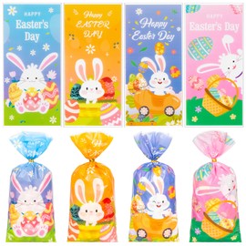 RICEDUO 100PCS Easter Cellophane Treat Bags, Easter Cellophane Candy Bags with Gold Twist Ties, Cute Plastic Easter Cookie Bags Gift Bags for Easter Party Favor Supplies