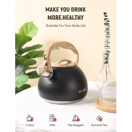 Tea Kettle, BELANKO 102 OZ / 3 Liter Whistling Tea Kettle, Tea Pots for Stove Top Food Grade Stainless Steel with Wood Pattern Handle, Loud Whistle Kettle for Tea, Coffee, Water, Milk - Black