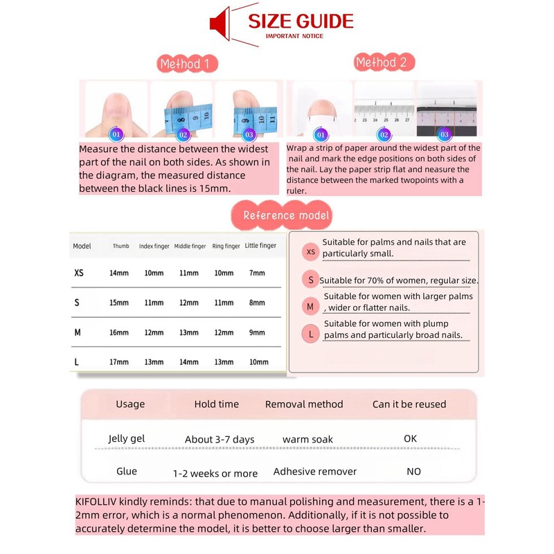 KIFOLLIV Handmade Glossy Pink Cute Press On Nails Short，Square Fake