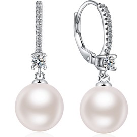 Miaofu Pearl Earrings 18K White Gold Plated 925 Sterling Silver White Pearl Earrings Black Pearl Earrings Hypoallergenic Pearl Earrings with Zirconia 8 mm - 13 mm Fine Jewellery for Women, Sterling Silver, Pearl,