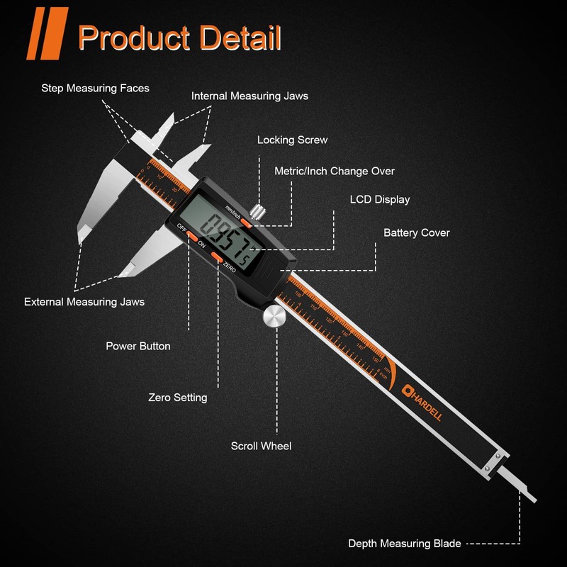 Digital Caliper, HARDELL 6 Inch Stainless Steel Calipers Measuring Tool