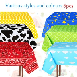 Remagr 6 Pcs Cartoon Story Tablecloth Set 54 x 108 Inches Birthday Party Plastic Tablecloth Cow Cloud Print Rectangular Table Cover Colorful Plastic Table Cloth for Boy Baby Shower