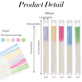 Oruola 300pcs Earring Hole Cleaner Floss,3.8 In Ear Piercing Cleaner Floss,Disposable Piercing Hole Cleaner for Women Men,5 Colors Piercing Cleaner Floss with Storage Tube