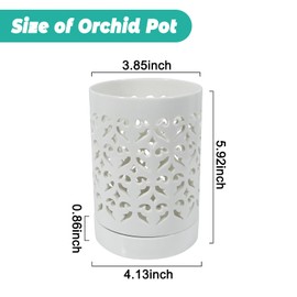 Exzzauk 1PC Orchid Pots with Holes, 4 Inch Ceramic Orchid Pot with Separate Saucer(White)