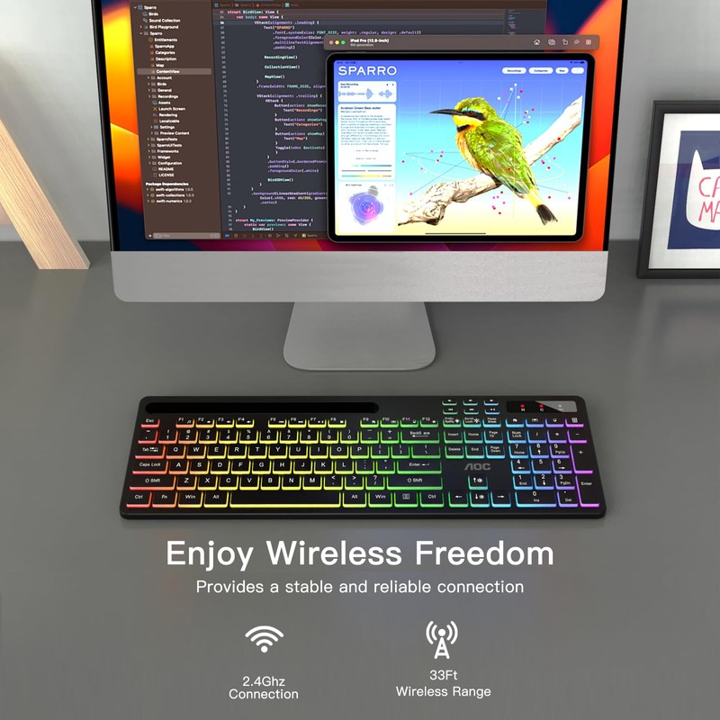 AOC KB600 Wireless Keyboard with 7-Color RGB Backlit, 2.4GHz Full-Size