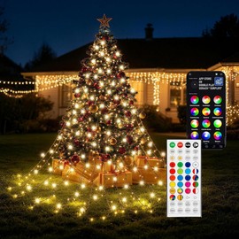 BYIZO Christmas Tree Lights, 448 LED RGB Color Changing Waterfall Tree Topper Lights, 9.18 ft x 16 Lines, App & Remote Control, Music Sync Timer, 29V Plug-in Lights for Indoor Outdoor Christmas Decor