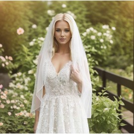 SAMKY 1T 1 Tier Pencil Edge Bridal Wedding Veil - White Elbow Length 30"