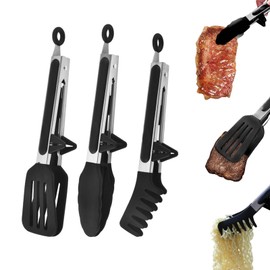 Küchenzange 3-Teiliges Grillzange Edelstahl mit Ständer, Lebensmittelechtem Silikon Zange Küche, Kochzange BPA-Frei Waschmaschinenfest Nudelzange Salatzange für Heißluftfritteuse Küche