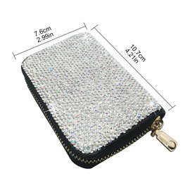 Owemtao Bling Credit Card Case RFID Leather Wallet Multilayer Zipper Case Rhinestone Credit Card Holder Women's Small Credit Card Wallet (Silver)