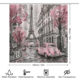 TOWINSFB 4Pcs French Country Street Shower Curtain Sets, Bathroom Decor Set with Rugs, Bath Mat Retro Car Beautiful Paris Eiffel Tower Shower Curtain, 72 X 72 Inch