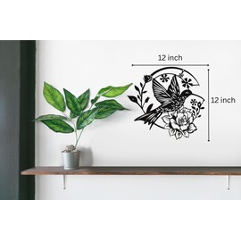 SHIMANY Black Metal Wall Art - Hummingbird Hanging Wall Sculpture with Floral Design for Bedroom, Living Room, or Reading Nook - Botanical Accent
