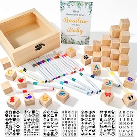 Tigvio 85 Piece Baby Shower Games Set, Funny Building Blocks, Painting Baby Shower, Baby Party Games with 52 Wooden Cubes + 7 Stencils + 24 Acrylic Pens + Wooden Sign & Wooden Box for Boys and Girls