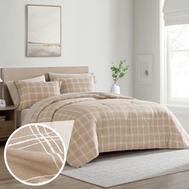 Cathay Home Basic Bedding Home Essential Ultra Soft Lightweight 7PC Wrinkle Resistant Microfiber Bed in a Bag Set (Includes Complete Sheet Set & Comforter Set) - Taupe Plaid, Full