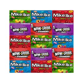 Assorted Candy Mix Variety Pack - 15 Count - 3 Each Flavor: Cherry, Grape, Original Fruits, Strawberry, Berry Blast - Mike and Ike & Now and Later - Individually Wrapped, Blue Paper Bag 5.25x3.2x8 Inch