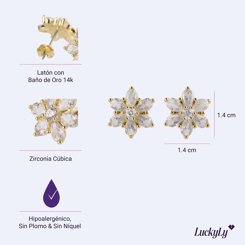 LuckyLy Aretes de Oro 14k para Mujer con Zirconia Cúbica