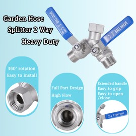 304 Stainless Steel Garden Hose Splitter 2 Way Heavy Duty, Full Flow Garden Hose Y-Valve Hose Splitter with Shutoff Valve, Outdoor Faucet Splitter Hose Connector, 3/4" GHT Threads