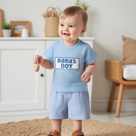 Doisbetthsay First Mothers Day Baby Boy Outfit Summer Mamas Boy Short Sleeve Tops Shorts Set Mom And Son Matching Outfits (MAMA'S BOY Blue, 18-24 Months)