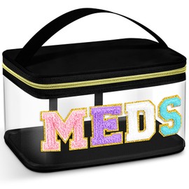 Neceser de Letra de Chenilla Bolsa de Maquillaje de Nailon Portátil Bolsa de Cosméticos de Parche Preppy con Cremallera Cosmetiquera de Almacenamiento de Artículos de Aseo (Negro, Rural MEDS)