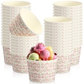 Jingmore 50 Pcs Paper Ice Cream Sundae Bowls 8 oz Disposable Dessert Cups Bulk Bows Rose Flowers Party Supplies Food Treat Cup Pink and White Paper Bowl Containers for Dessert Snack Yogurt Soup