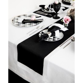 Solino Home Linen Table Runner 90 Inches Long - Black/Silver Shimmer Border Decorative Table Runner 14 x 90 Inch - Festive Edge, Handcrafted and Machine Washable