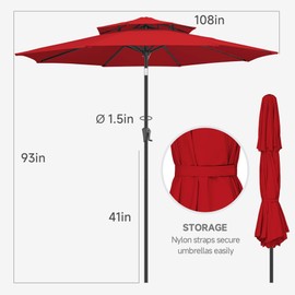 FLAME&SHADE 9ft Patio Umbrella - 2 Tiers Outdoor Umbrella with Push Button Tilt and Crank for UV Protection, Table Market Umbrella for Garden, Deck, Backyard, Pool and Beach(Red)