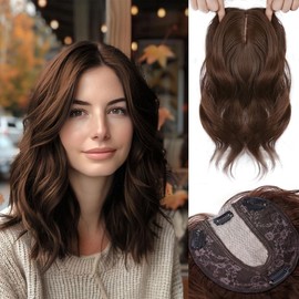 MORICA Hair Toppers For Women With Thinning Hair 14 Inch Dark Brown With Highlights Wavy Toppers Hair Pieces For Women 6 * 6 Inch Large Base Synthetic Hair Topper With Bangs Clip In Hair Toppers:_8H10C_14INCH