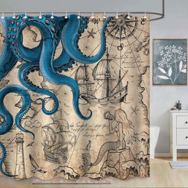 Fungarth 84 Inch Extra Long Vintage Nautical Octopus Shower Curtain Navy Blue Mermaid Funny Ocean Kraken Shower Curtains for Bathroom Cool Coastal Map Waterproof Fabric Bath Curtain (Retro, 72” x 84”)