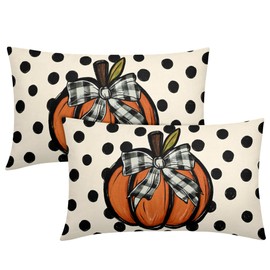 Fall Lumbar Pillow Covers 12X20 Inch Orange Pumpkin Polka Dot Thanksgiving Decorative Pillow Cases Set of 2 Autumn Cotton Linen Throw Pillows Farmhouse Home Decor For Sofa Couch Cushion Outdoor