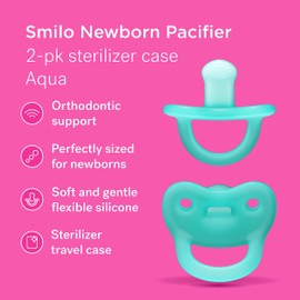 Smilo Newborn Baby Pacifier with Sterilization Box - 2 Pack of Orthodontic Pacifiers for Babies from 0-2 Months - Expands to Support The Palate During Soothing - BPA-Free - Aqua